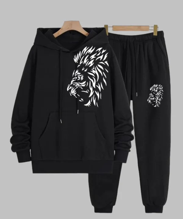 Lion Printed Fleece Winter Hoodie & Trouser Tracksuit for Men and Boys