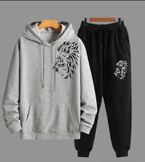 Lion Printed Fleece Winter Hoodie & Trouser Tracksuit for Men and Boys